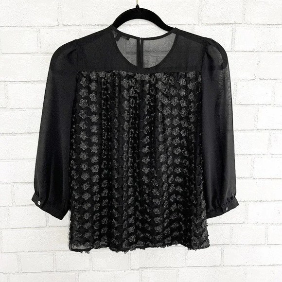 Madewell Black Fringeflower Applique Sheer Blouse Women's Size XS - Picture 2 of 8